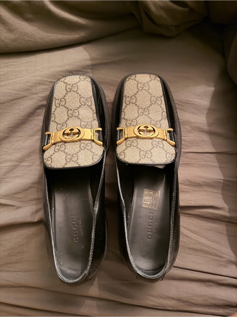 Gucci Beige GG Canvas & Black Leather Horsebit Loafers